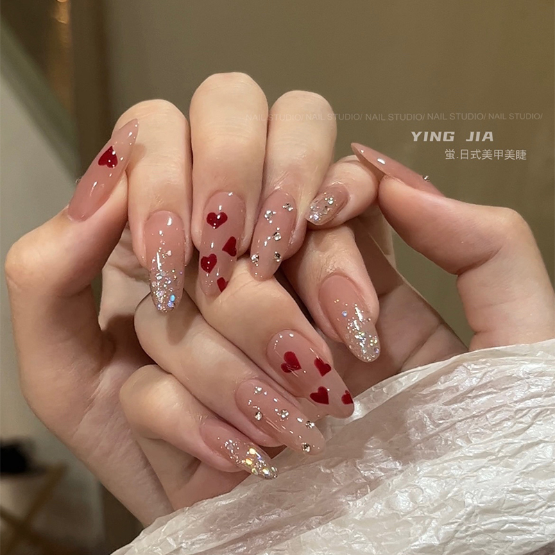 心妆/闪闪系列手绘红色爱心细闪手工制作美甲甜辣女孩裸色穿戴甲