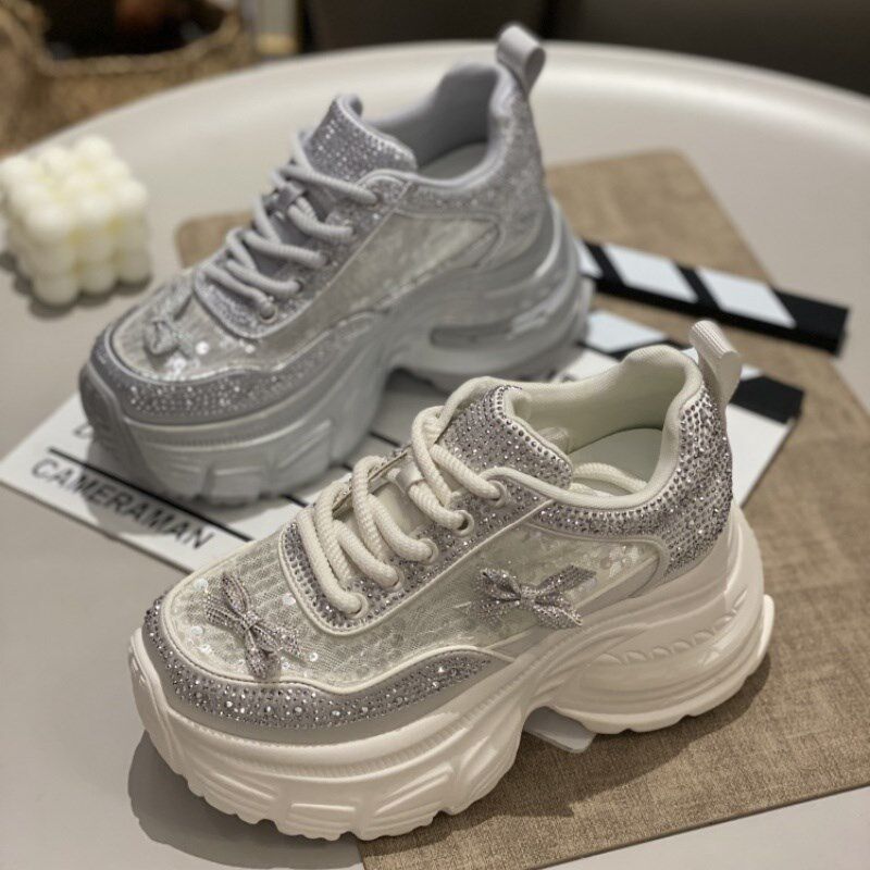 小个子7cm增高厚底老爹鞋女2025新款百搭水钻软底透气休闲运动鞋