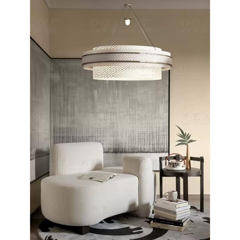 新中式创意个性现代简约圆灯餐厅客厅卧室书房茶室包厢布艺吊灯