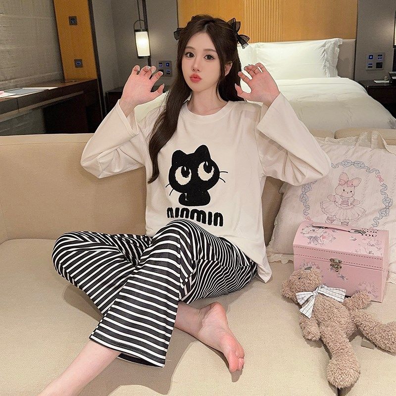 卡通小猫加绒睡衣套装女士春秋冬季海岛绒保暖薄绒可爱长袖家居服