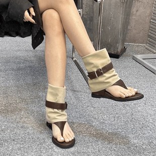 露趾人字靴子内增高短靴两穿凉靴 时尚 复古皮带扣裤 管靴女2025新款