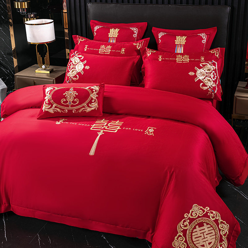 新中式大红色床裙款婚庆四件套纯棉全棉被套结婚陪嫁床单床上用品