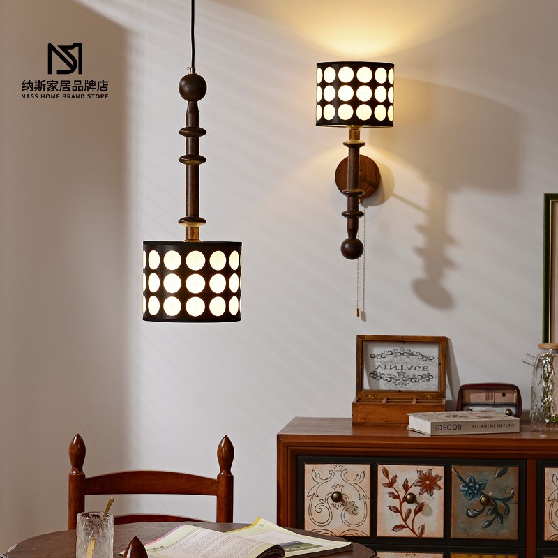 法式餐厅吊灯中古侘寂风黑色波点实木小吊灯美式简约卧室床头灯