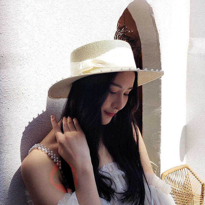 夏天出游度假珍珠平顶草帽女韩版潮英伦平檐礼帽时尚百搭遮阳帽子