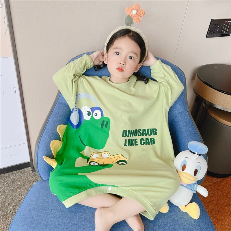 儿童卡通纯棉长袖睡裙女童透气睡衣恐龙男童家居裙宝宝护肚睡袋