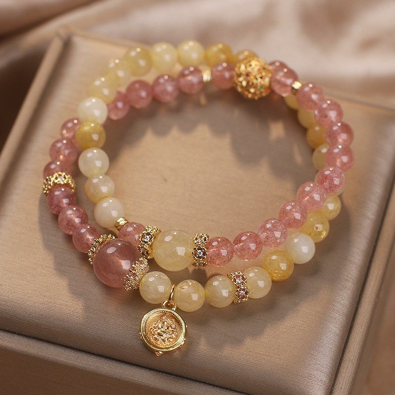 转运招桃花手链女天然黄水晶草莓晶双圈叠戴手串送女友闺蜜手饰品