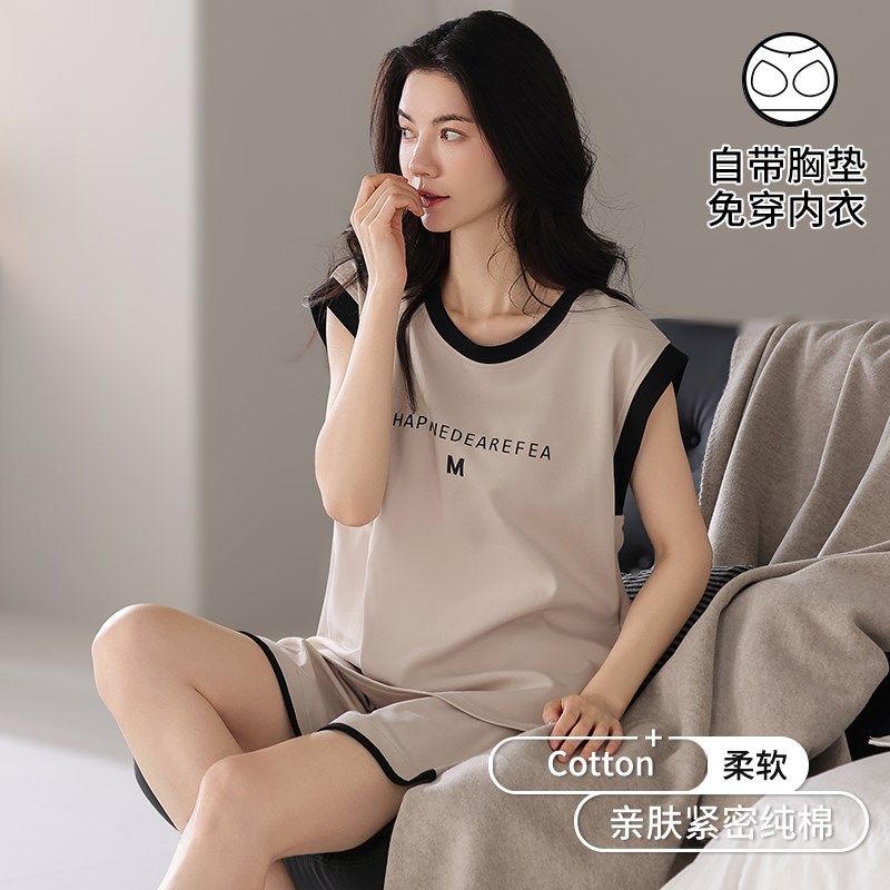 睡衣女纯棉无袖短裤夏季家居服带胸垫背心2025新款可外穿大码套装