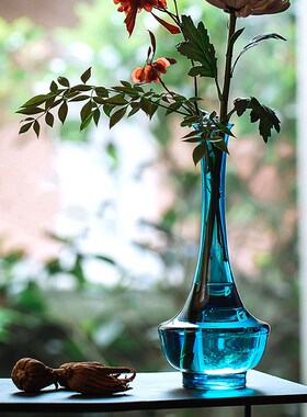 中式日式仿古禅意绿色大肚宋韵瓶长颈小口单枝花艺插花瓶玻璃花器