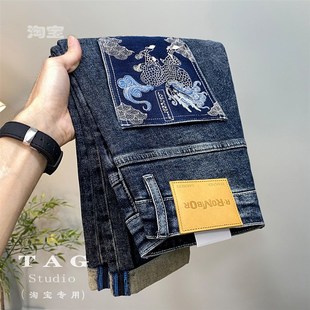 男士 小脚裤 秋季 潮牌做旧复古柔软百搭弹力修身 新款 国风刺绣牛仔裤