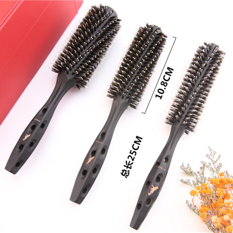 正品黑豹美发滚梳卷梳子发廊专业理发店纯猪鬓毛碳化木圆梳子内扣