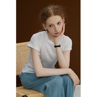 轻盈亚麻质感微透宽松正肩圆领短袖T恤女纯白色简约百搭上衣夏季