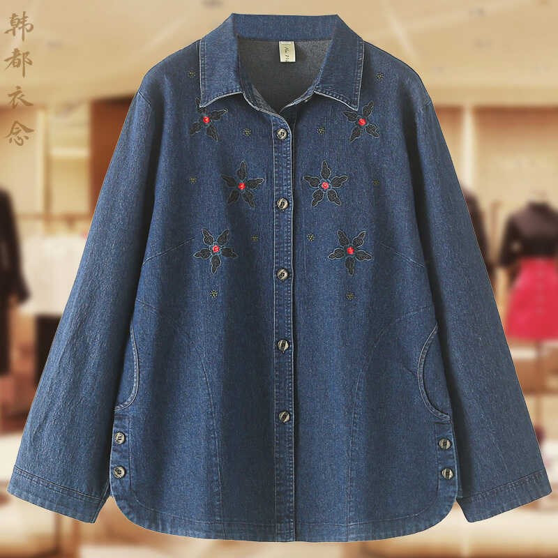 中老年人秋装全棉牛仔衬衫妈妈厚款长袖衬衣奶奶装绣花外套单上衣