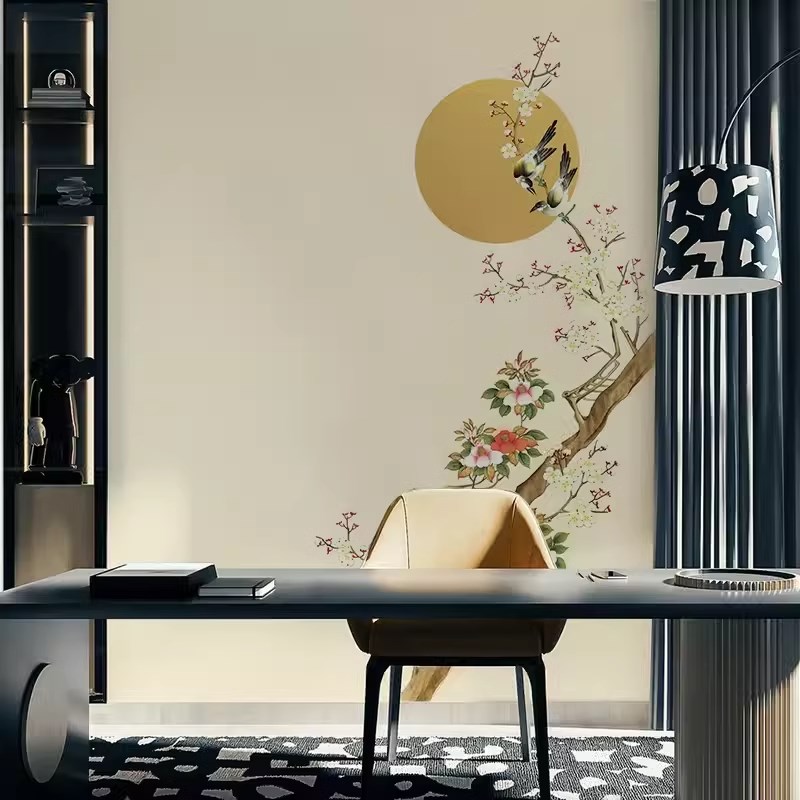 新古典花鸟电视背景墙布中式淡雅办公室书房茶室墙纸酒店卧室壁纸