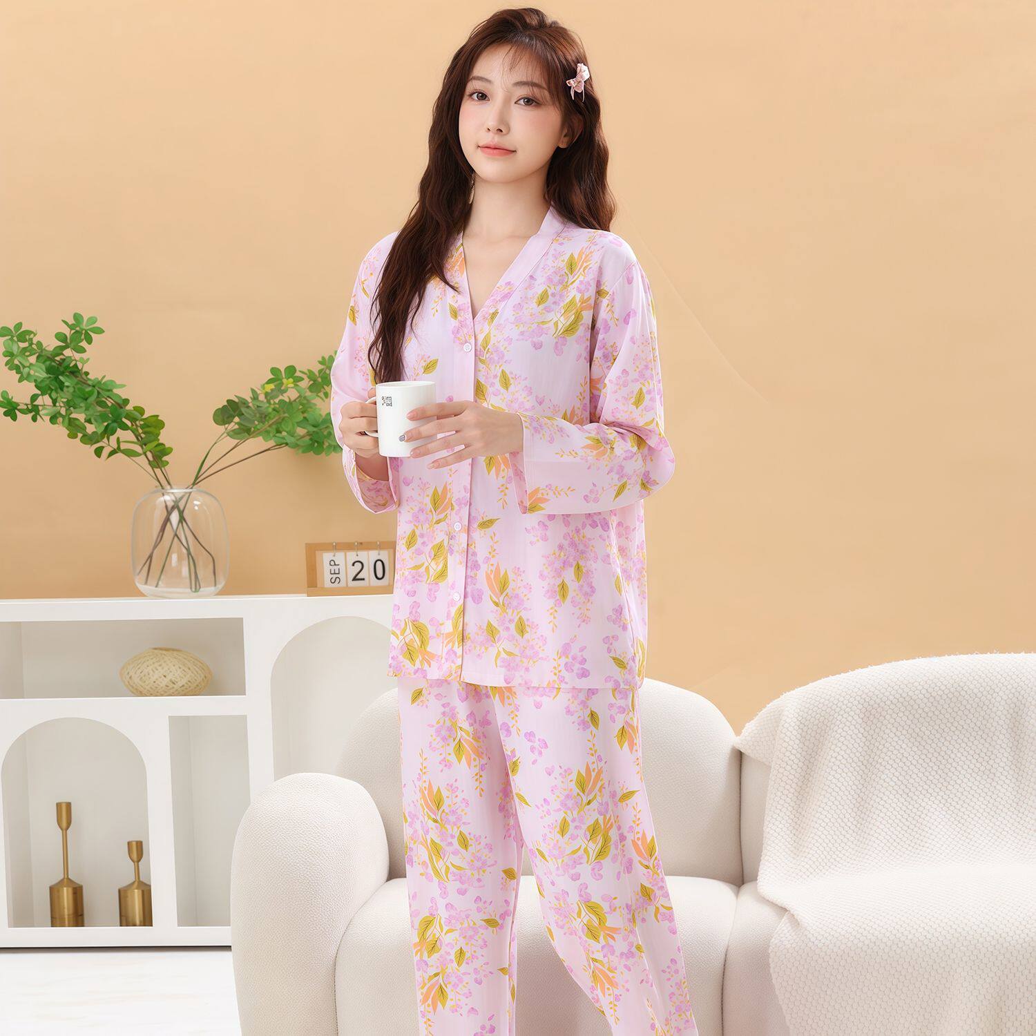 棉绸睡衣女夏季薄绵绸长袖莱赛尔棉绸套装青少年防凸点家居服睡衣