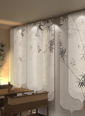 新中式茶室半透隔帘屏风中国风山水画GVT电动遮软断窗帘光挂卷式