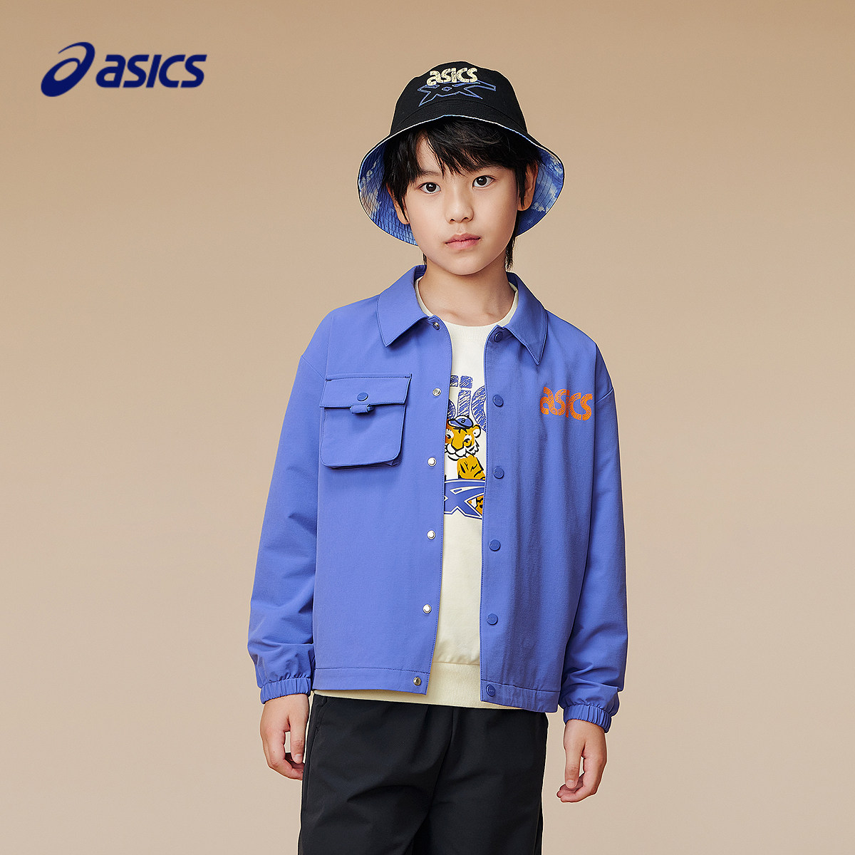 ASICS/亚瑟士儿童2026年新款男童三防翻领夹克抗皱耐磨印花便服