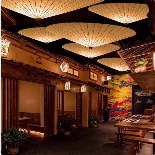 新中式餐厅吊灯禅意复古火锅店茶室过道民宿餐桌日式纸艺创意伞灯