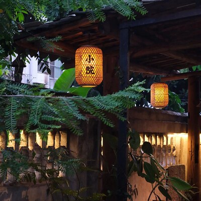 小院里竹编灯笼印字防水防晒复古风中式屋檐吊灯商用仿古蘑菇
