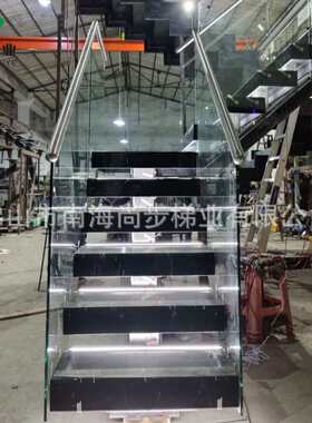 佛山厂家 大理石踏步板楼梯带LED灯时尚L型双边玻璃护栏铝合金