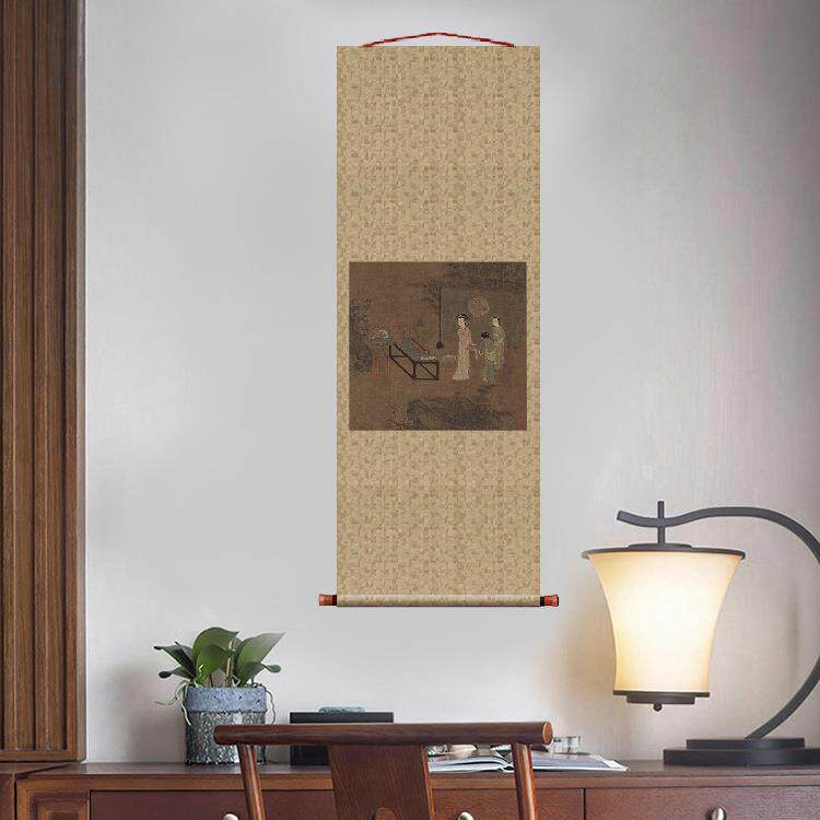 宋画小品盥手观花图团扇挂轴条幅卷轴仕女图名画复制品中式玄关画