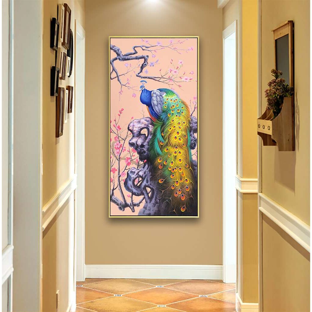 新中式手绘孔雀油画玄关装饰画客厅挂画美式过道竖版高端入户壁画