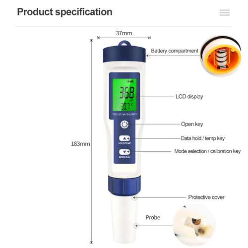 高精度水质盐度计PH/TDS/EC/盐度/水温水产养殖鱼缸水质检测笔