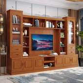 中式 实木电视柜组合墙柜客厅多功能背景柜茶几地柜橡木影视柜书柜