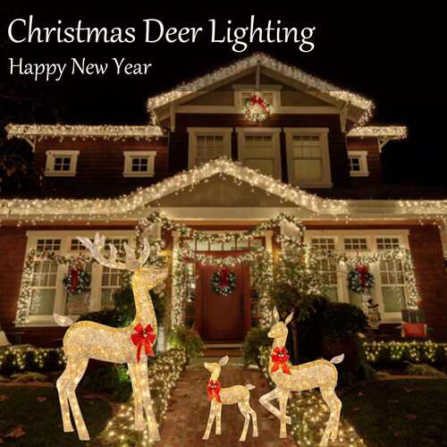 Christmas Deer Lighting Happy New Year 金色鹿三口之家3D金属