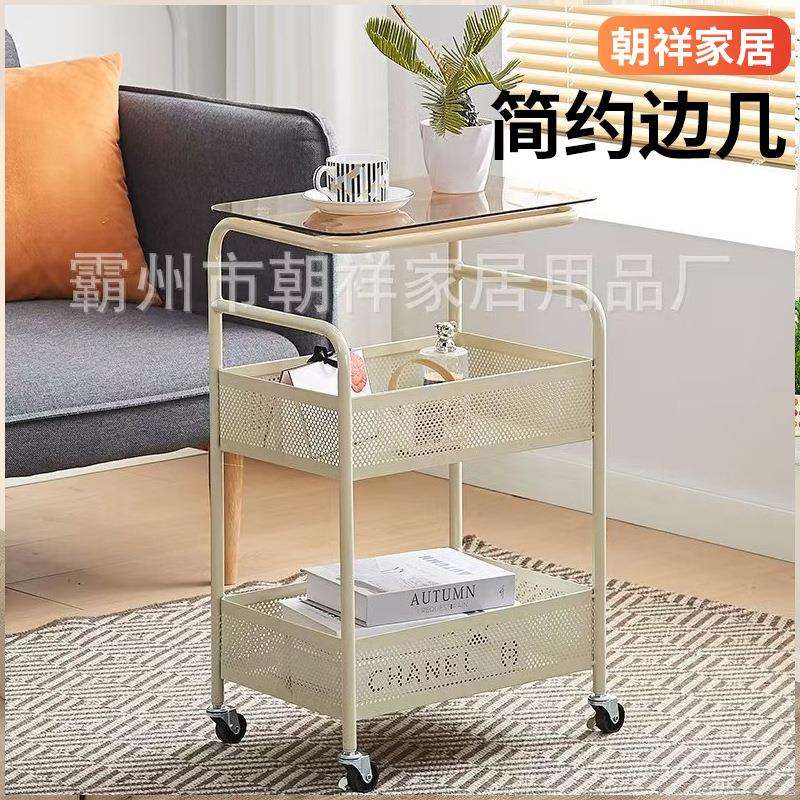 ft奶油风客厅沙发旁边几移动茶几多层收纳架卧室床头柜小推车置物