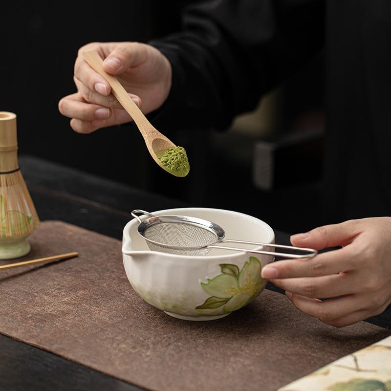 手绘陶瓷抹茶八件套宋代抹茶碗茶筅立茶刷百本立粉筛过滤打茶工具