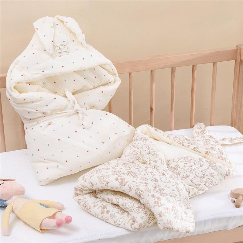 新生婴儿夹棉抱被长耳朵包被卡通印花纱布初生产房加厚保暖春秋被