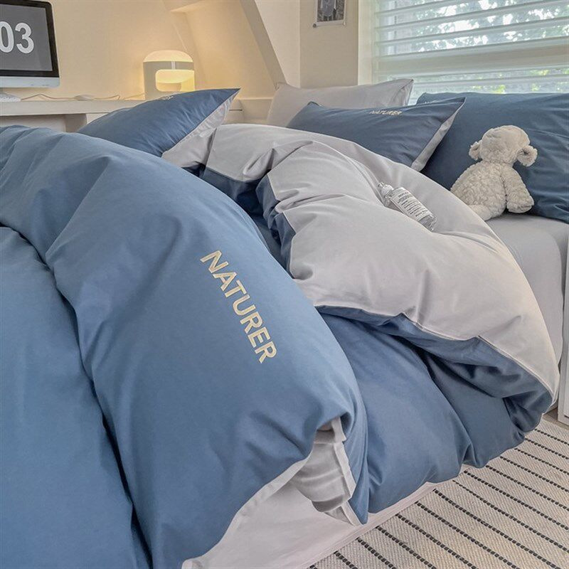 新款拼色全棉字母刺绣四件套卧室家用被套床单套件学生宿舍三件套