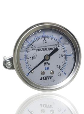 供ACUTE耐振压力表充油表不锈钢轴向横装带平夹YN63Z 0.6MPA 6BAR