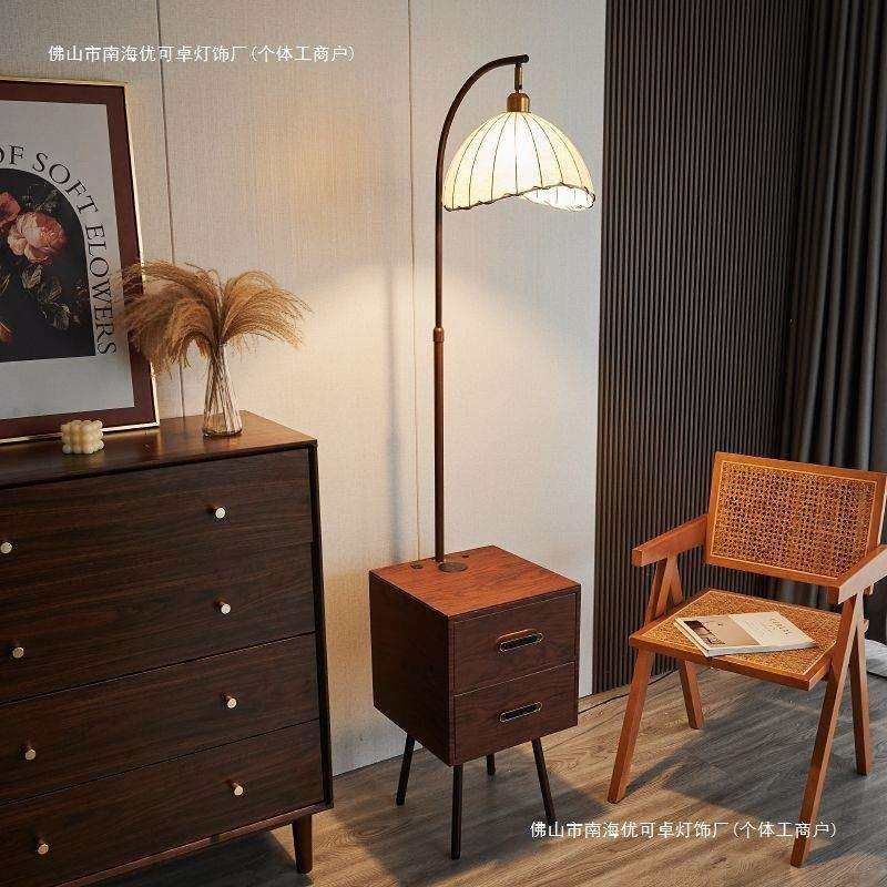 松木落地灯床头柜台灯一体卧室客厅沙发实木复古中古风装饰置物架