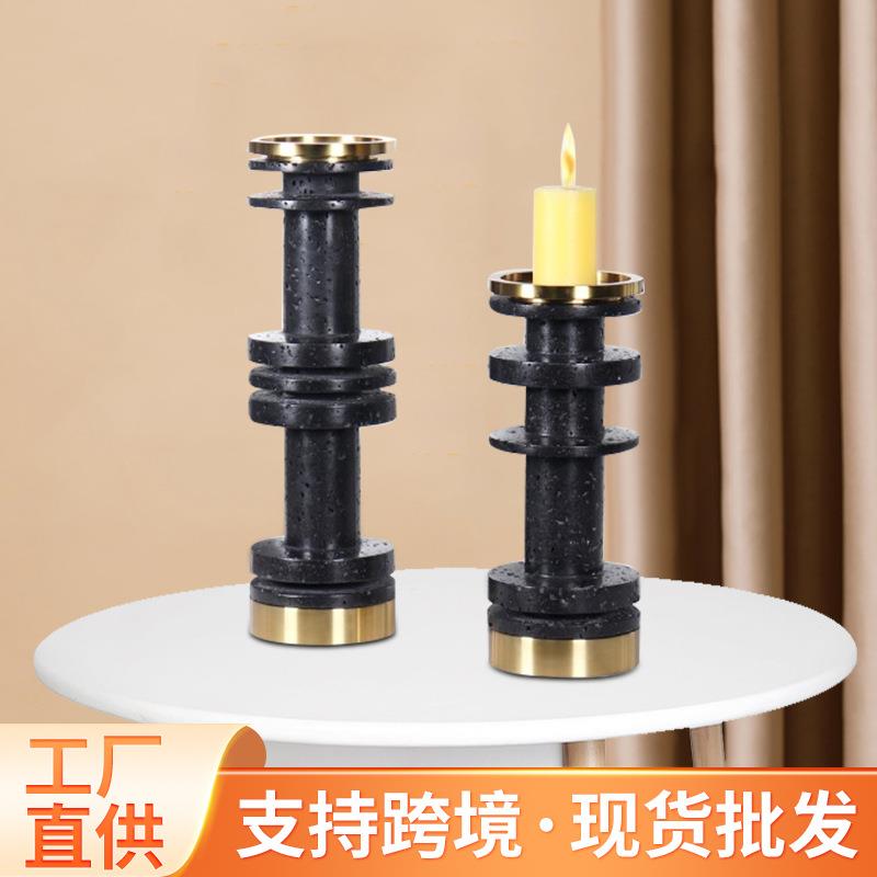 防洞石烛台黑色摆件欧式工艺品样板间桌面售楼处主人房装饰摆件工