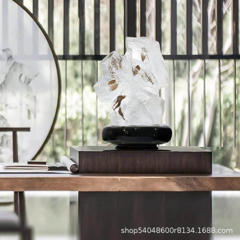 新中式透明石头树脂雕塑现代摆件客厅样板房酒店玄关软装饰工艺品