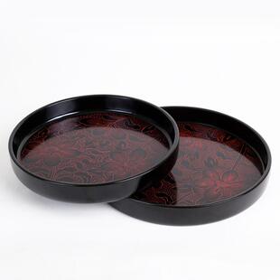 漆器托盘雕花天然漆托盘早年出口库存特色工艺品木质圆盘