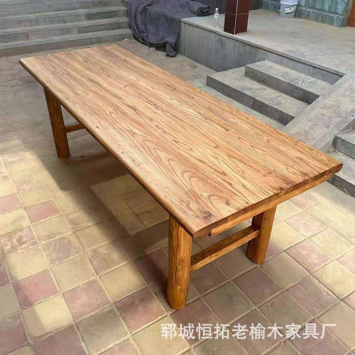 复古老榆木拼花餐桌家居长方形多人位茶桌实木门板饭桌方形八仙桌