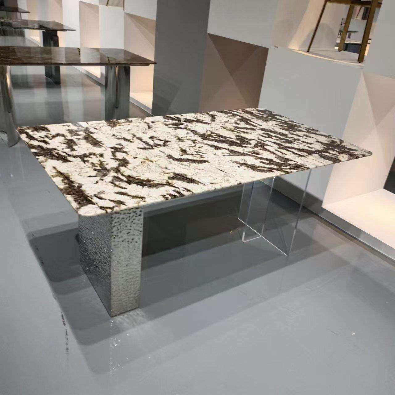 亚克力黑玫瑰卡里冰玉雪山飞狐蓝水晶天然奢石大理石餐桌餐台饭桌