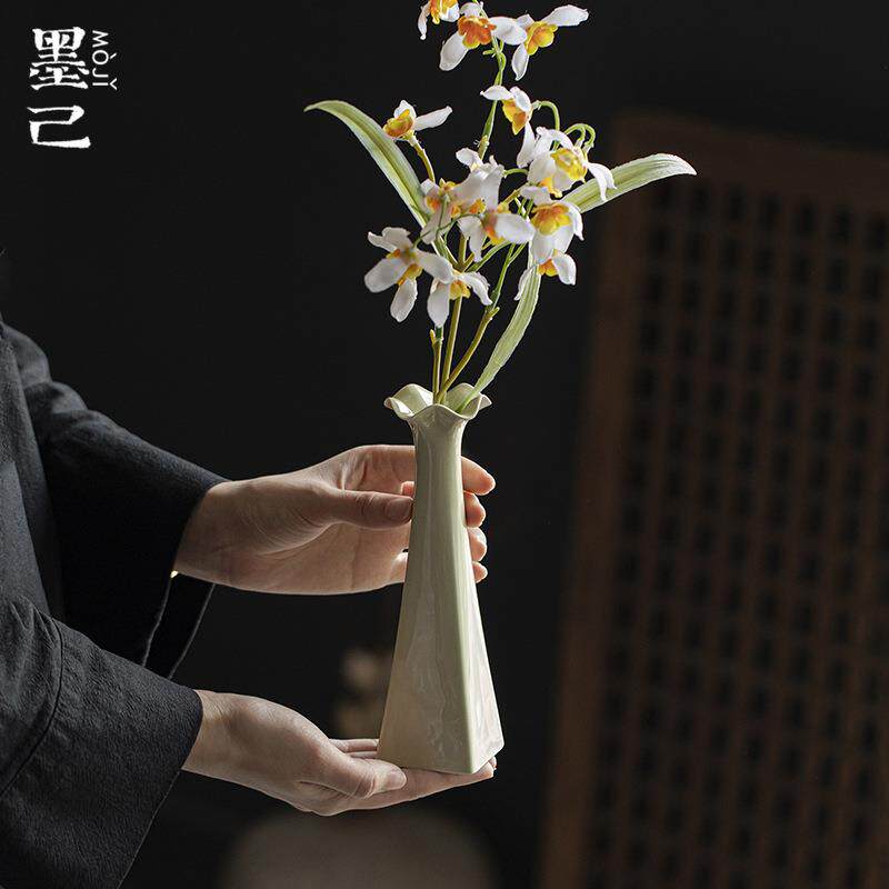 墨己仿宋绿釉花艺瓶茶道配件陶瓷花插茶艺茶道小瓶子茶室空间摆件