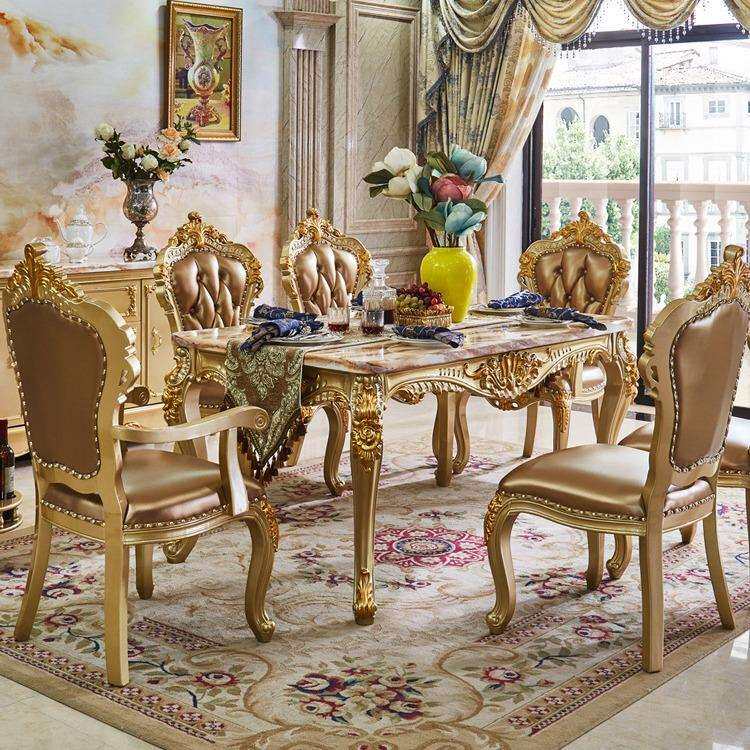 欧式大理石餐桌椅组合 贵族金色长方形小户型4-6人全实木餐台饭桌