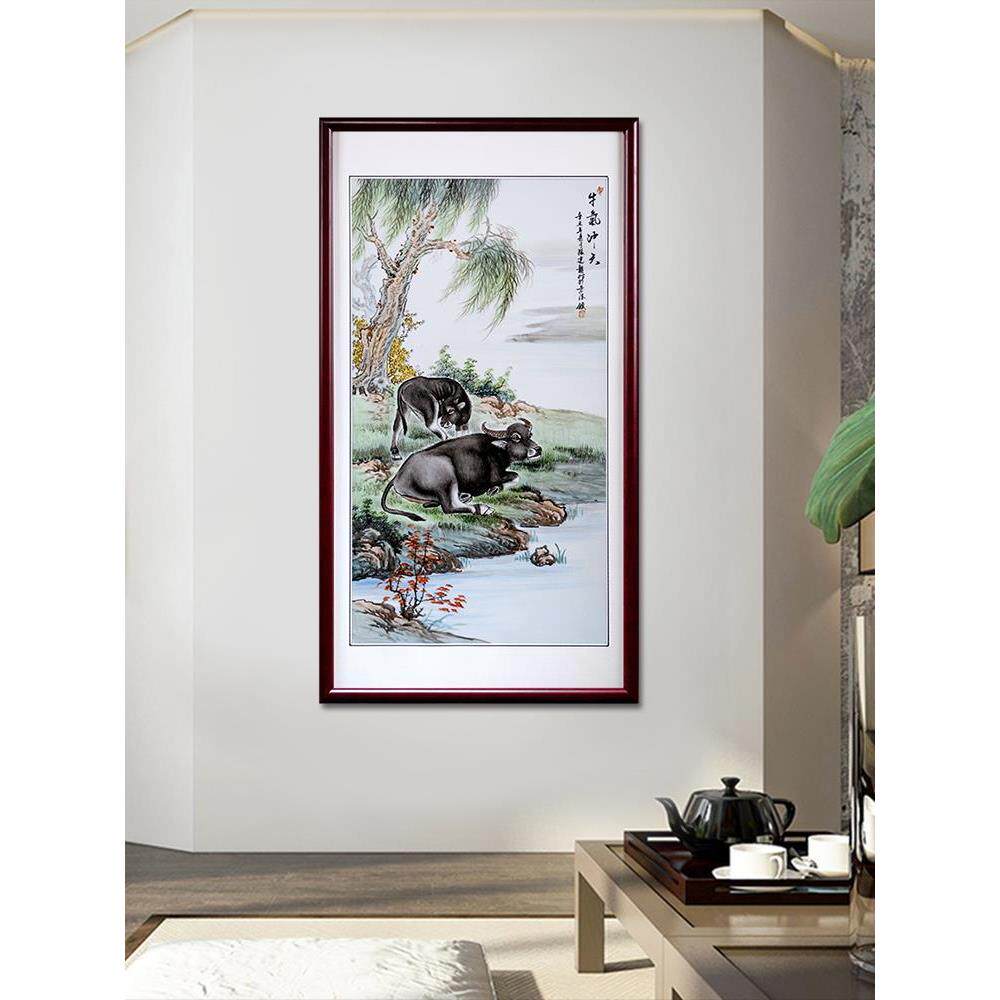 大师手绘牛气冲天景德镇陶瓷瓷板画客厅玄关墙壁挂画新中式装饰画