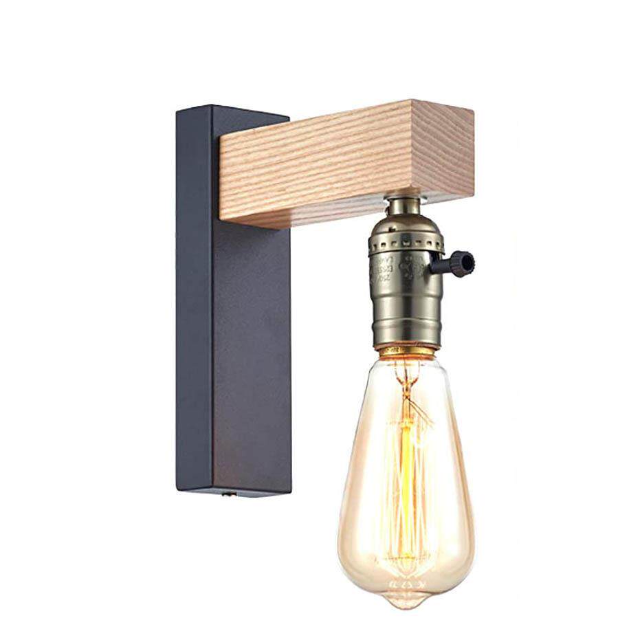 跨境新款美式木艺铁罩E27灯泡玄关过道卧室床头壁灯民宿工业风灯