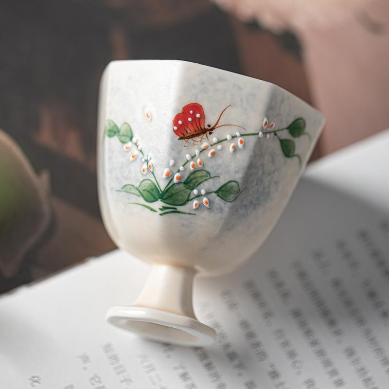 艺盛堂手绘文心兰高足八方杯陶瓷品茗杯单杯主人杯女士专用喝茶杯
