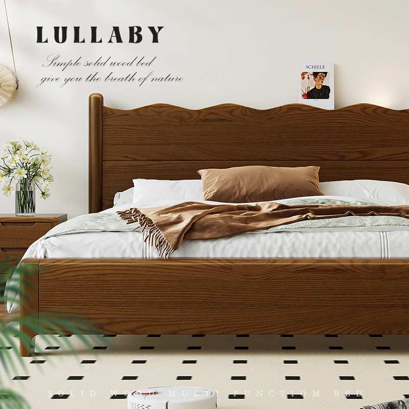 美式复古床胡桃木色双人床带储物家用1米5的床小户型实木床加床垫