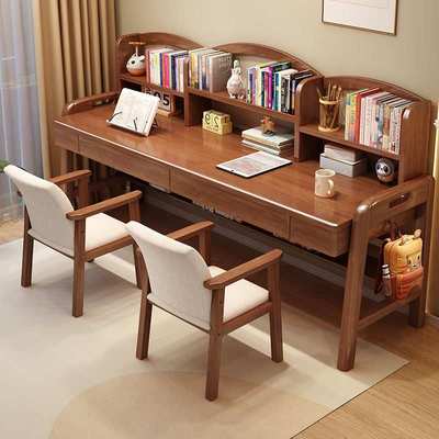 儿童书桌书架组合一体实木双人学习桌家用卧室中小学生写字桌椅子