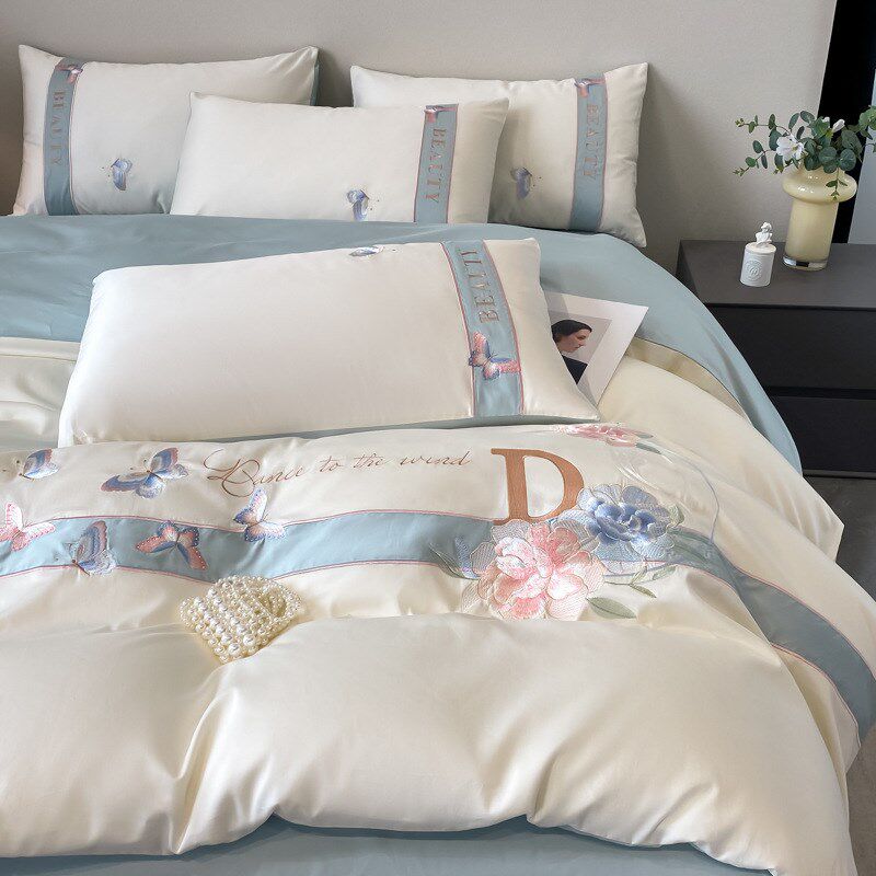 韩式轻奢刺绣四件套简约风裸睡全棉纯色60支长绒棉4件套
