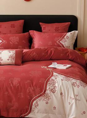 A类中式红色提花婚庆四件套100s贡缎长绒棉贴布绣花婚庆婚房结婚