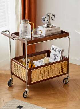 实木可移动边几可收纳中古小推车客厅沙发储物置物架藤编简约餐车