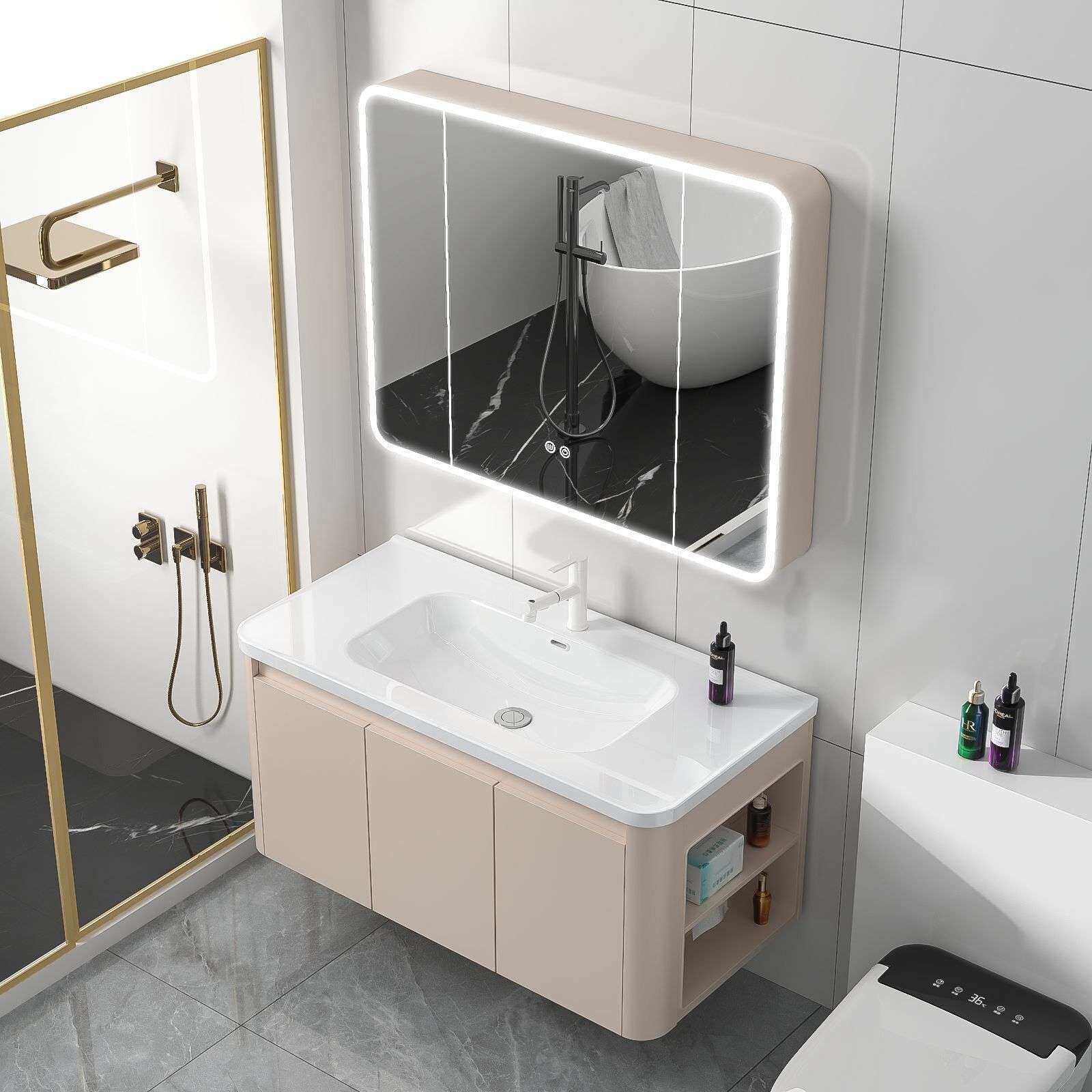 蜂窝板太空铝圆角侧边柜收纳卫生间浴室柜组合洗手台陶瓷一体脸盆